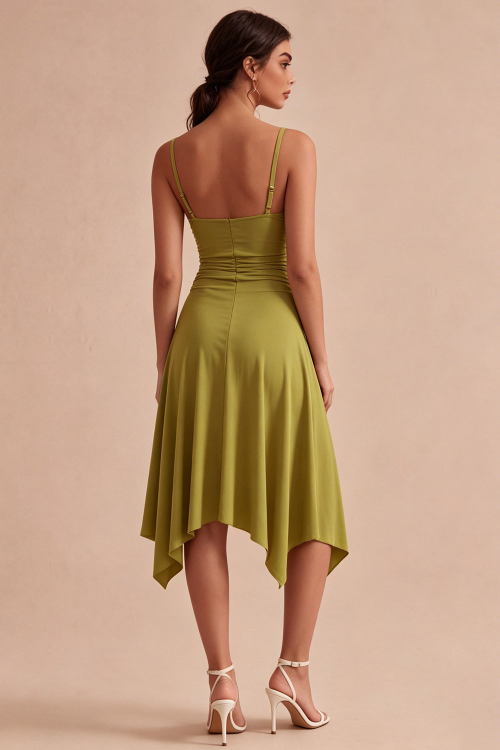 Olive Spaghetti Straps Ruched A Line Asymmetrical Homecomig Dress