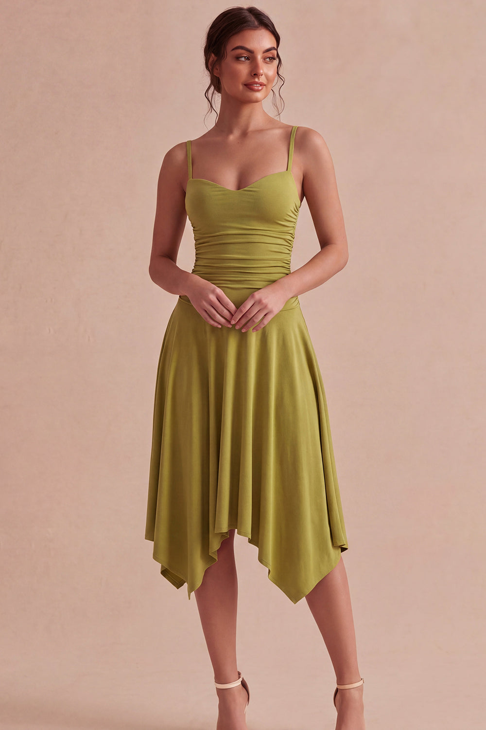 Olive Spaghetti Straps Ruched A Line Asymmetrical Homecomig Dress