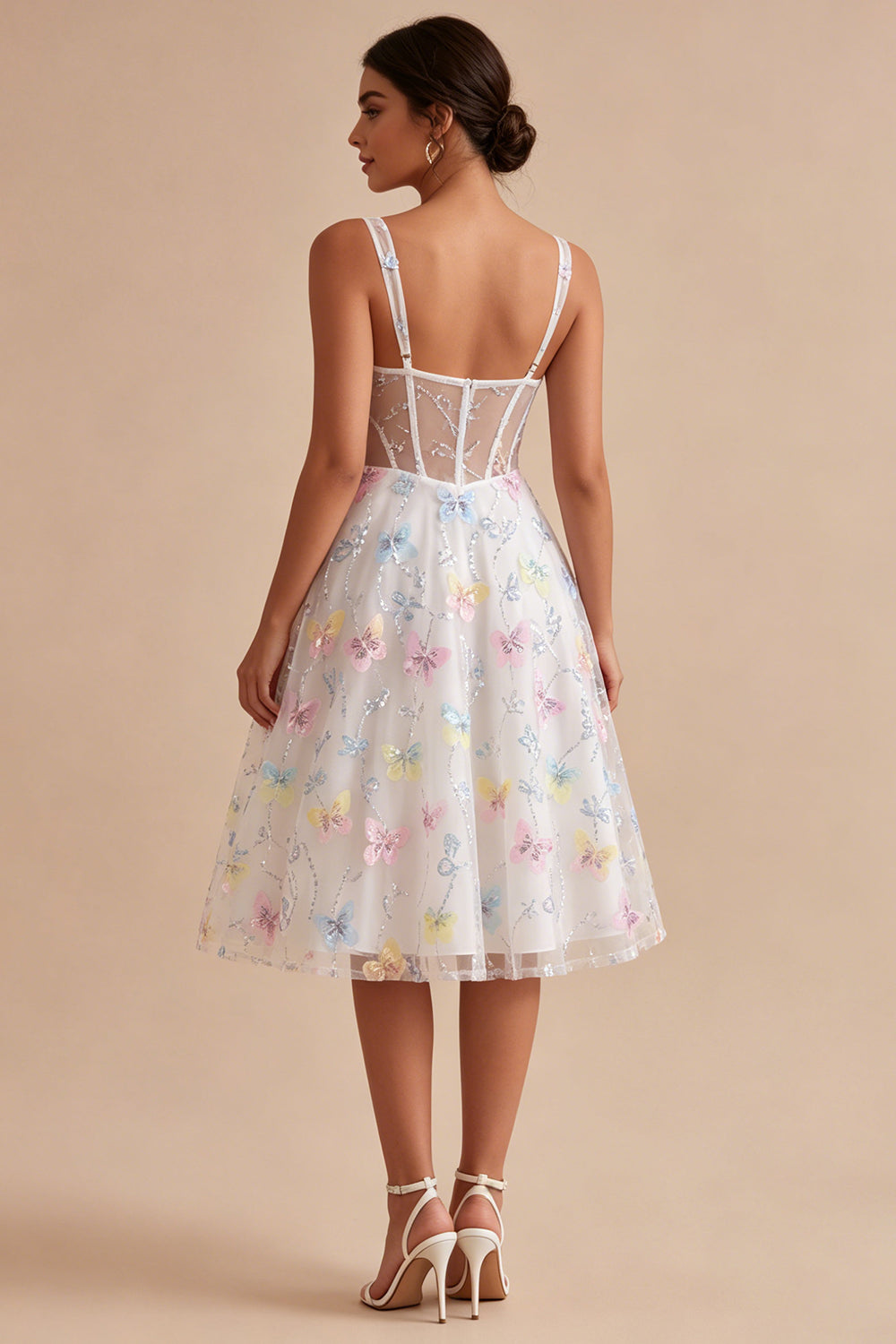 Floral White Corset Midi Thick Straps Beaded A Line Bridal Shower Dress