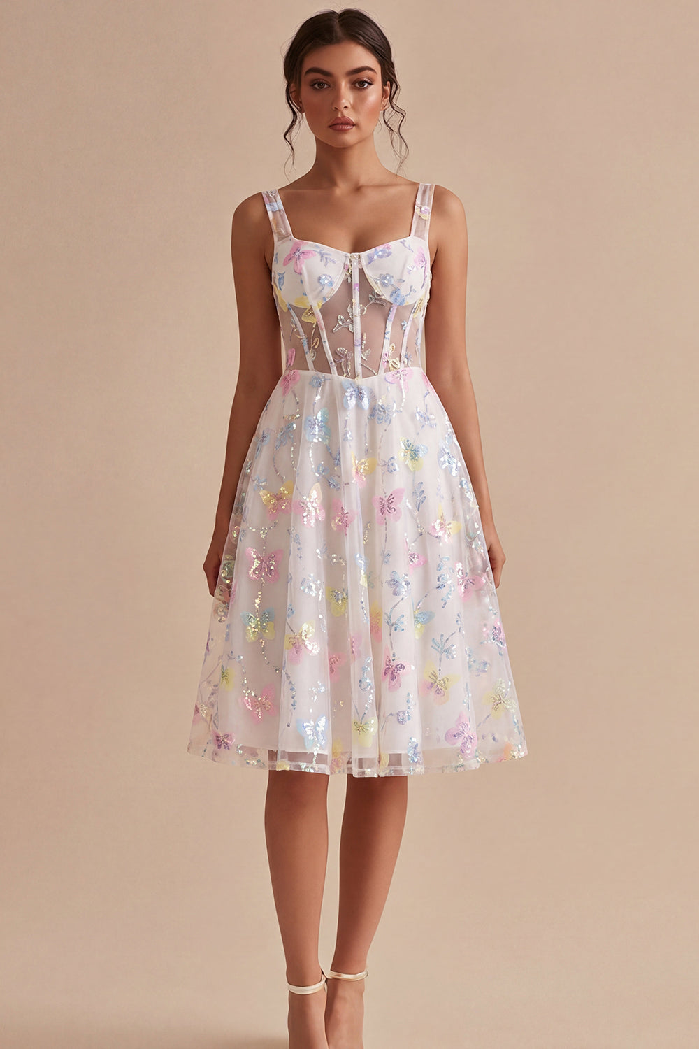 Floral White Corset Midi Thick Straps Beaded A Line Bridal Shower Dress