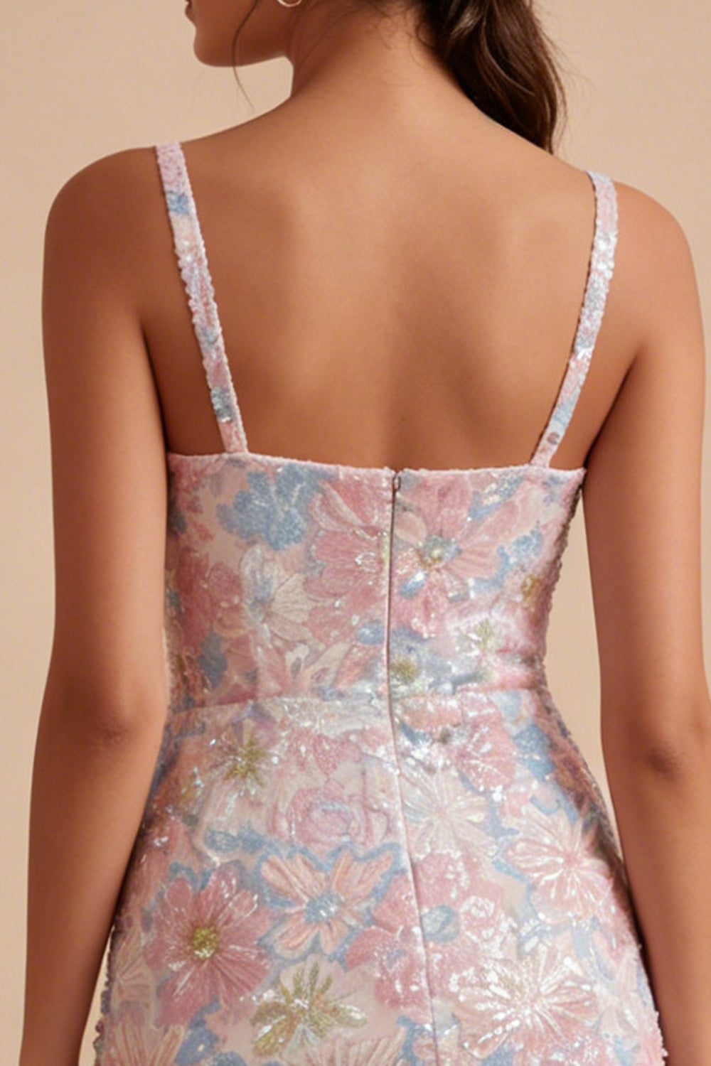 Sparkly Floral Pink Tight Short Beaded Thick Straps Homecoming Dress