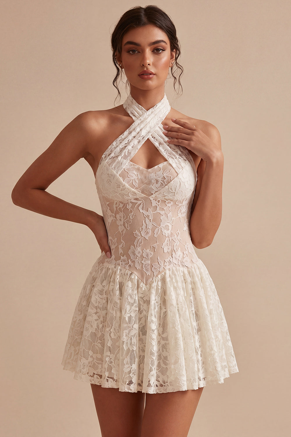 Floral Ivory Keyhole Halter Lace Short A Line Bridal Shower Dress