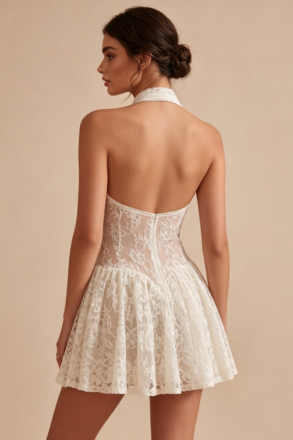 Floral Ivory Keyhole Halter Lace Short A Line Bridal Shower Dress