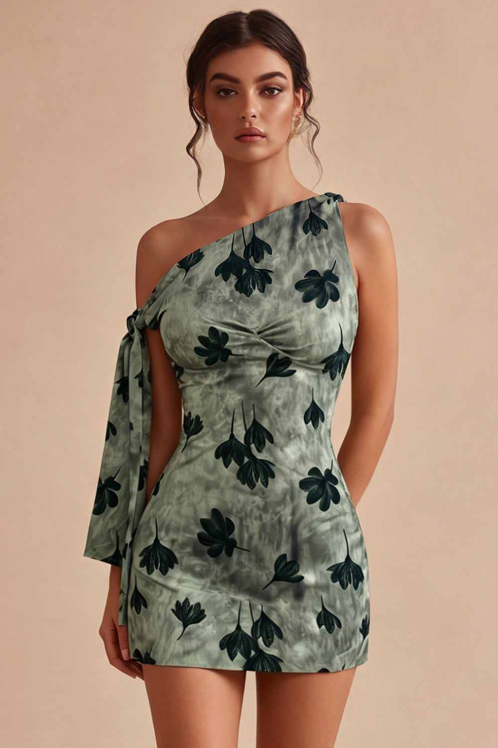 Green Floral Tight Short One Shoulder Homecoming Dress with Sash