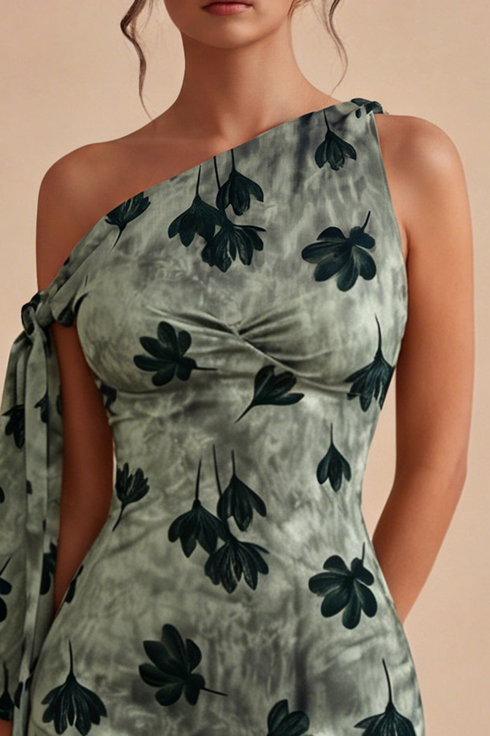 Green Floral Tight Short One Shoulder Homecoming Dress with Sash