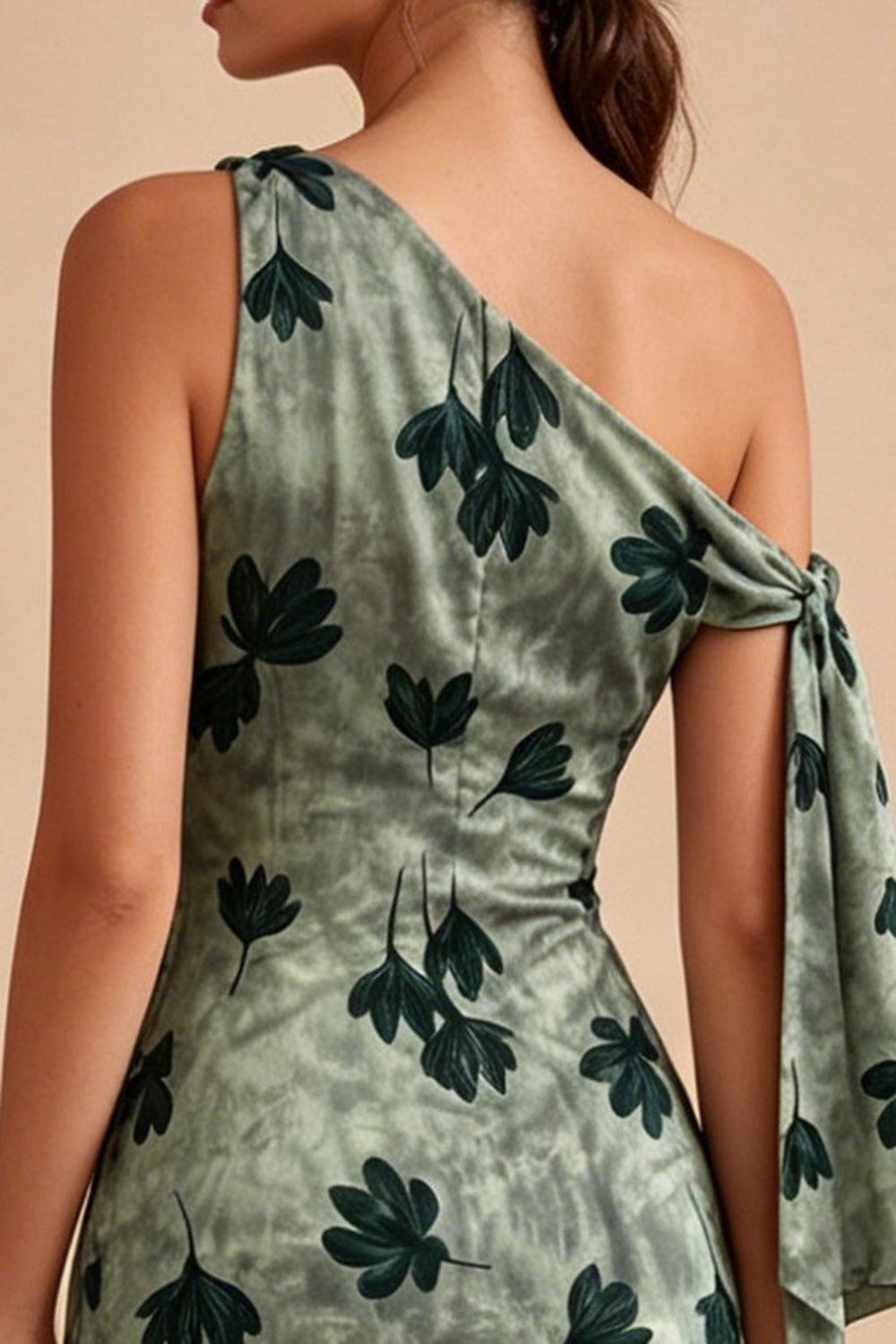 Green Floral Tight Short One Shoulder Homecoming Dress with Sash