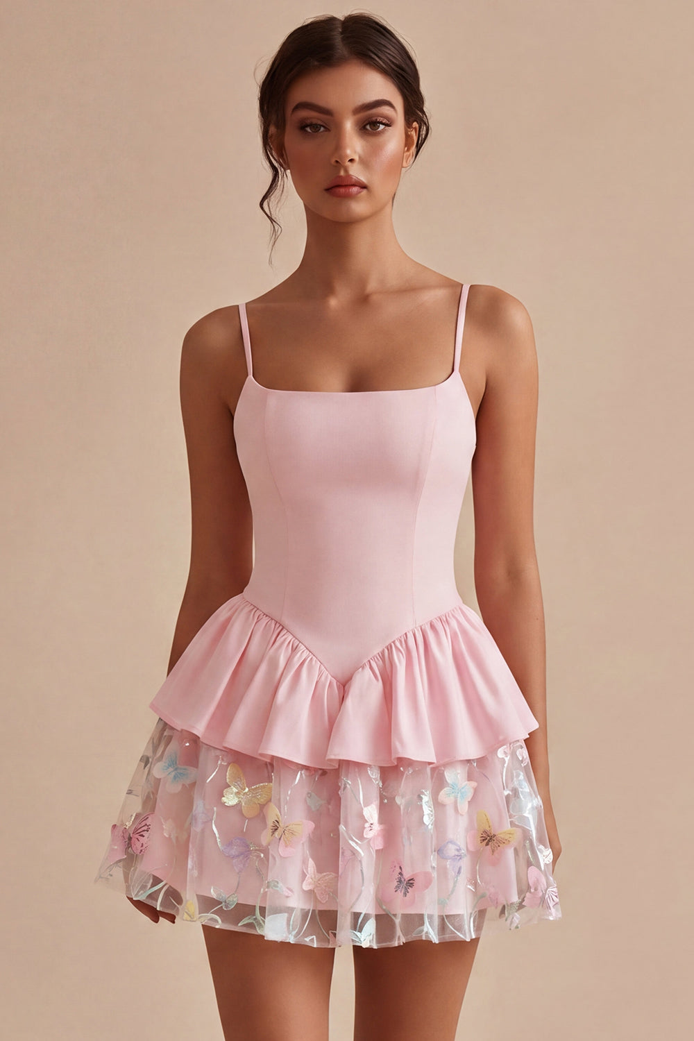 Pink A Line Floral Spaghetti Straps Short Homecoming Dress with Ruffles