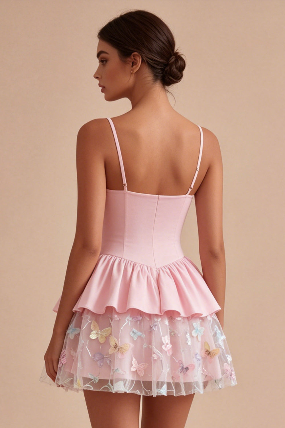 Pink A Line Floral Spaghetti Straps Short Homecoming Dress with Ruffles