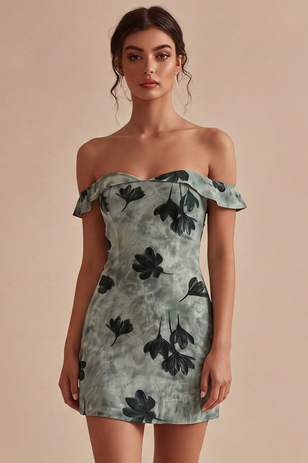 Green Floral Off the Shoulder Tight Short Homecoming Dress