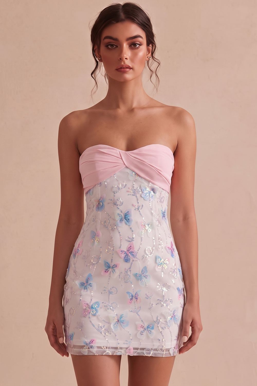 Sparkly Pink and White Tight Floral Short Beaded Strapless Homecoming Dress