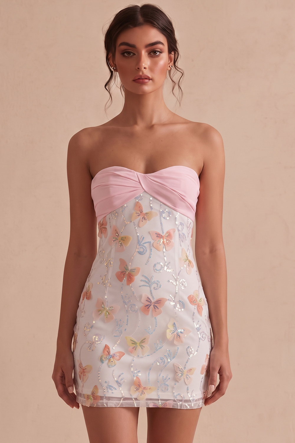 Sparkly Pink and White Tight Floral Short Beaded Strapless Homecoming Dress