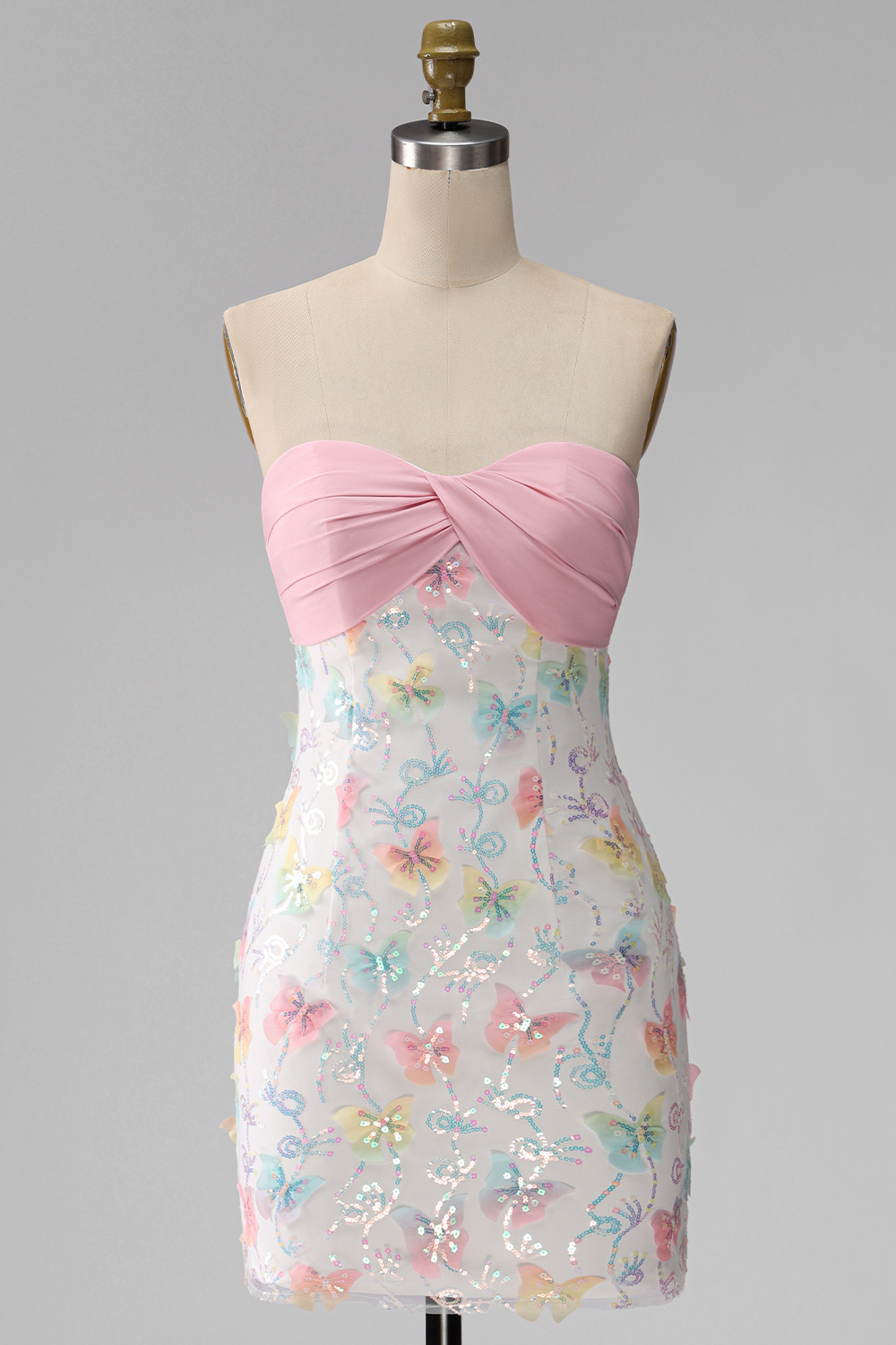 Sparkly Pink and White Tight Floral Short Beaded Strapless Homecoming Dress