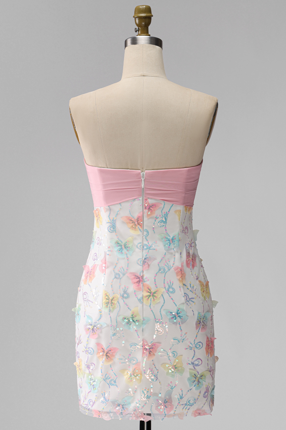 Sparkly Pink and White Tight Floral Short Beaded Strapless Homecoming Dress