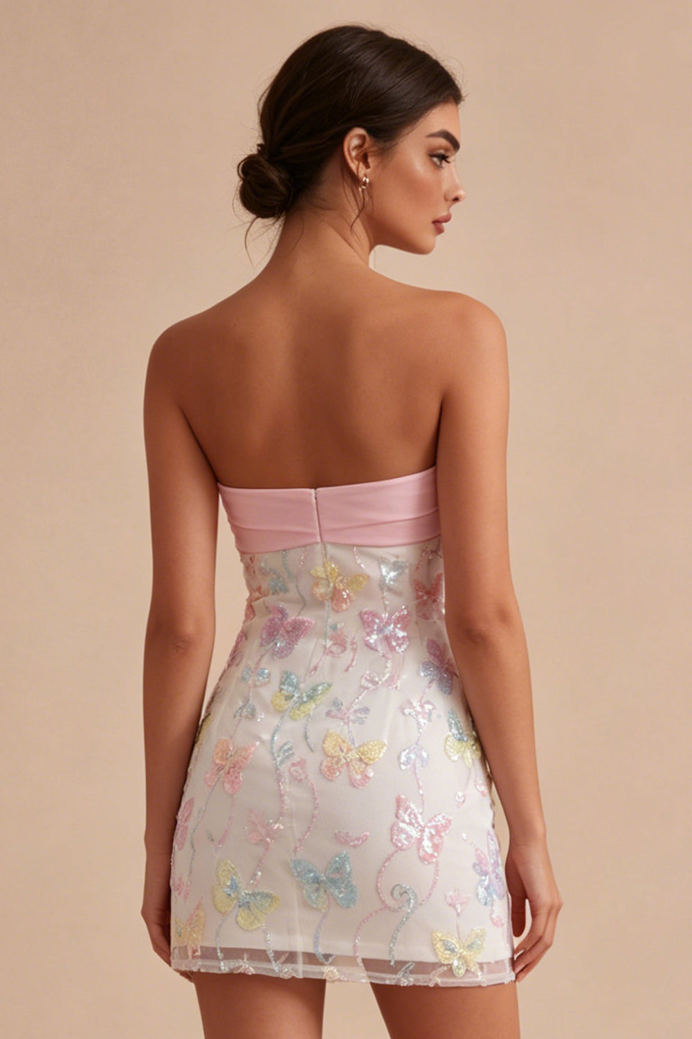 Sparkly Pink and White Tight Floral Short Beaded Strapless Homecoming Dress