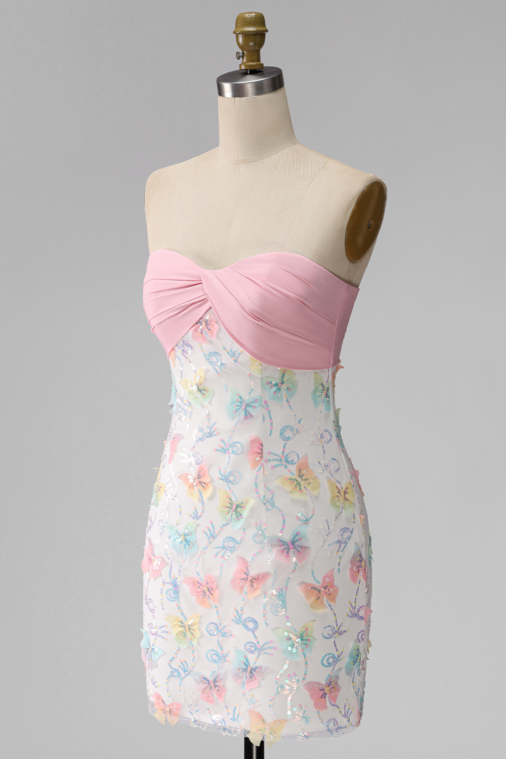 Sparkly Pink and White Tight Floral Short Beaded Strapless Homecoming Dress