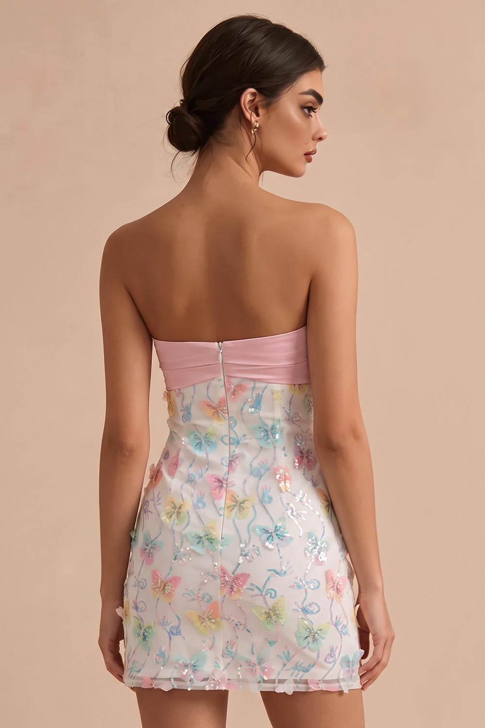 Sparkly Pink and White Tight Floral Short Beaded Strapless Homecoming Dress