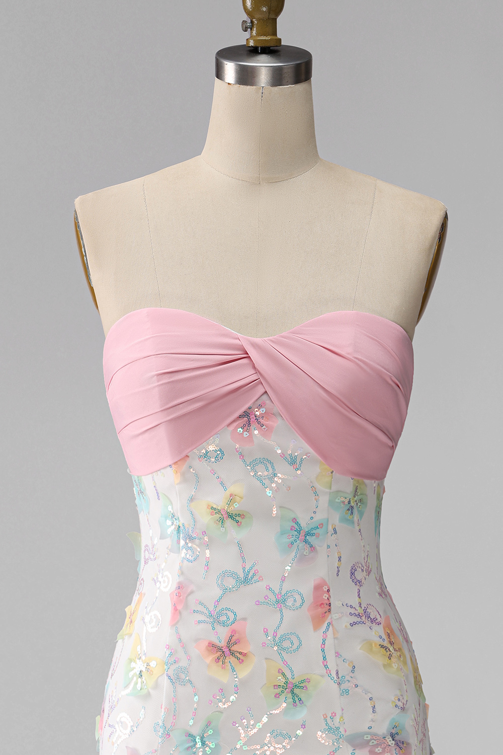 Sparkly Pink and White Tight Floral Short Beaded Strapless Homecoming Dress