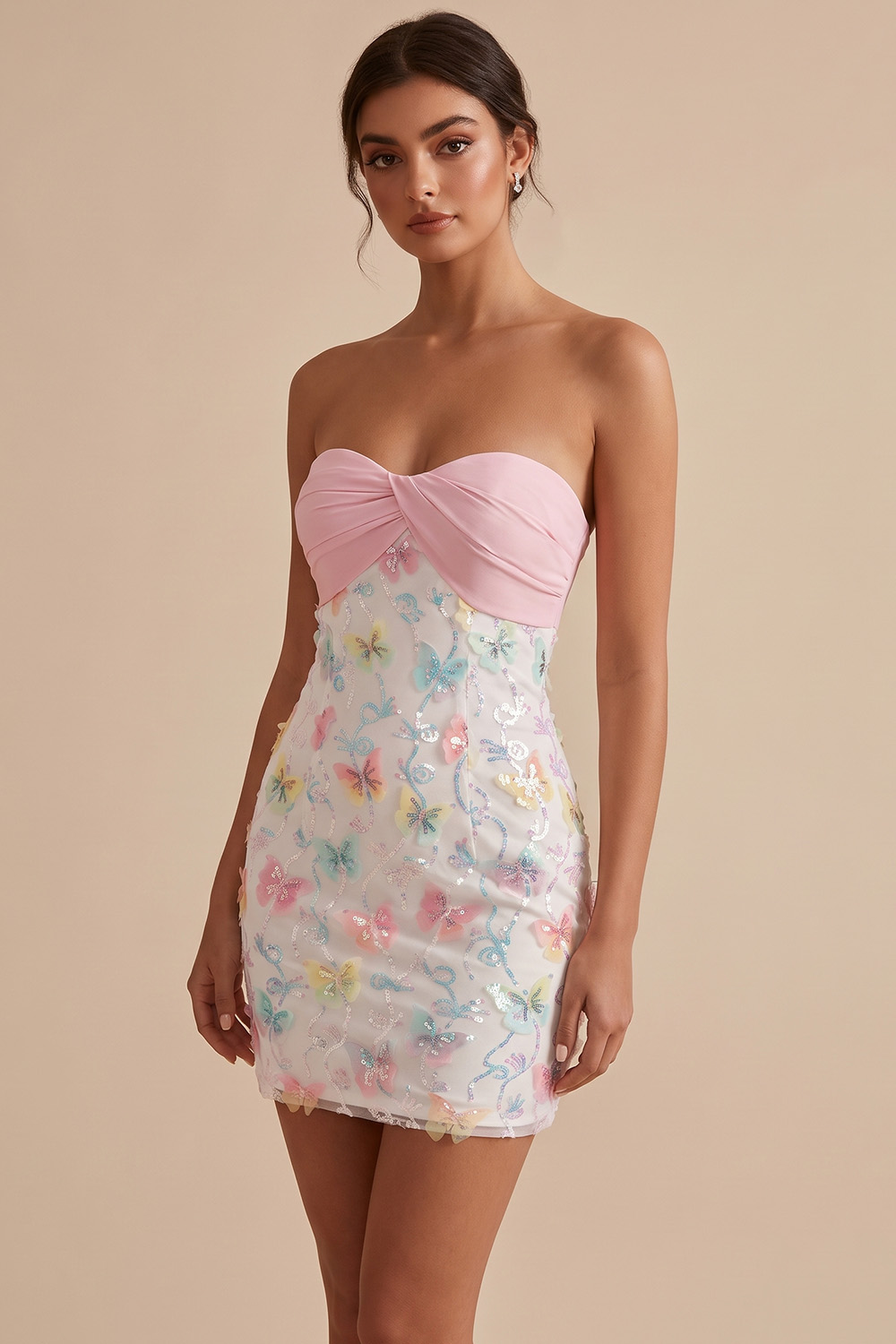 Sparkly Pink and White Tight Floral Short Beaded Strapless Homecoming Dress