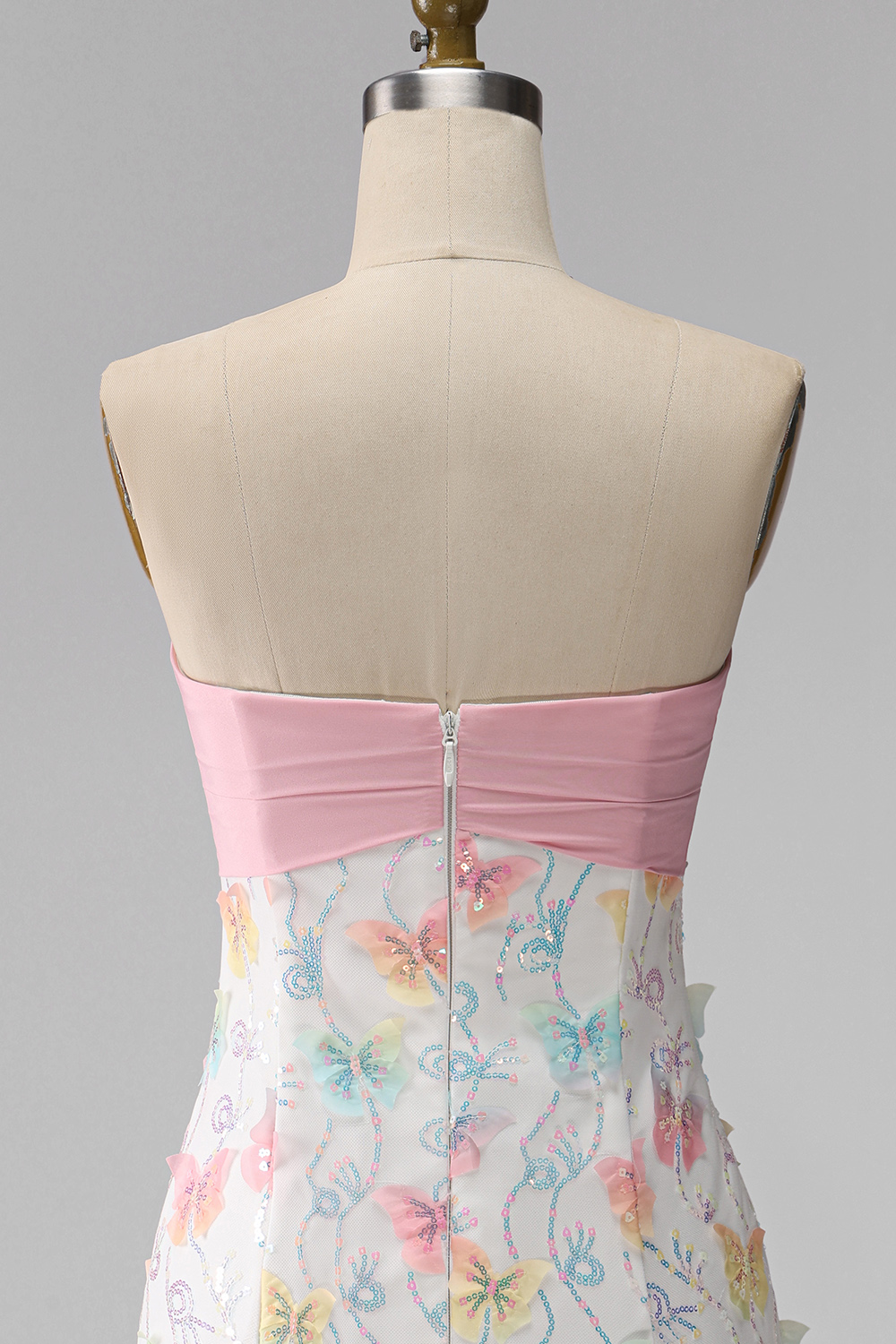 Sparkly Pink and White Tight Floral Short Beaded Strapless Homecoming Dress