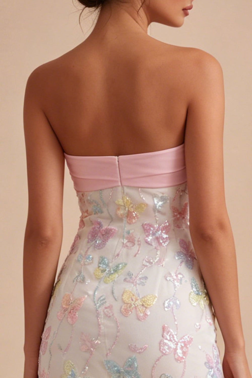 Sparkly Pink and White Tight Floral Short Beaded Strapless Homecoming Dress