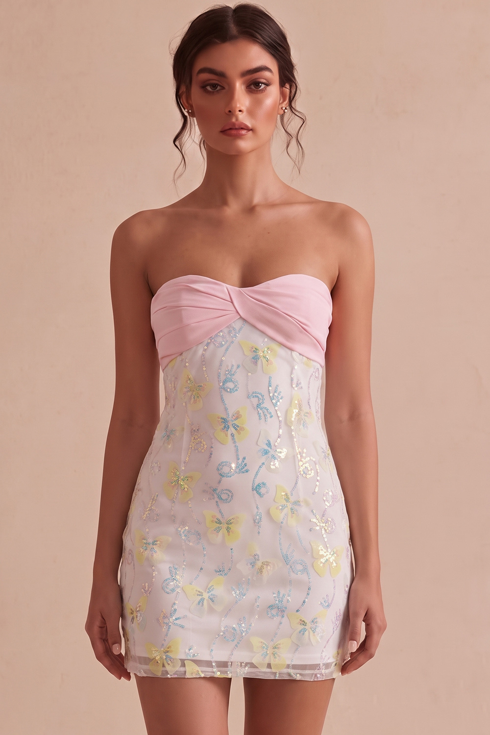 Sparkly Pink and White Tight Floral Short Beaded Strapless Homecoming Dress