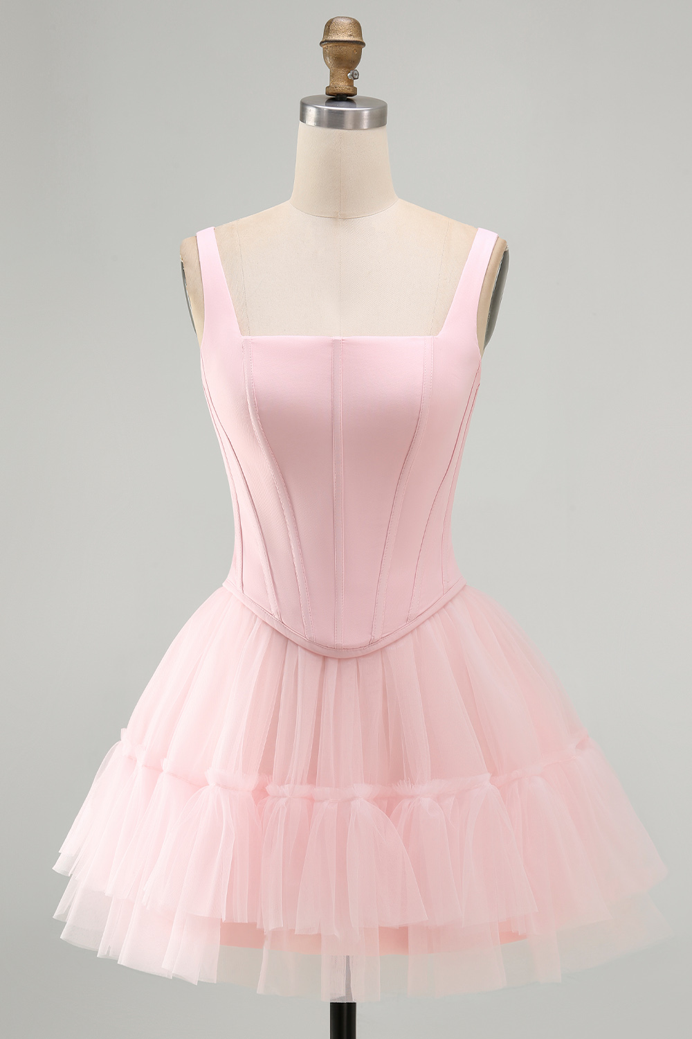 Pink A Line Thick Straps Short Corset Homecoming Dress with Ruffles