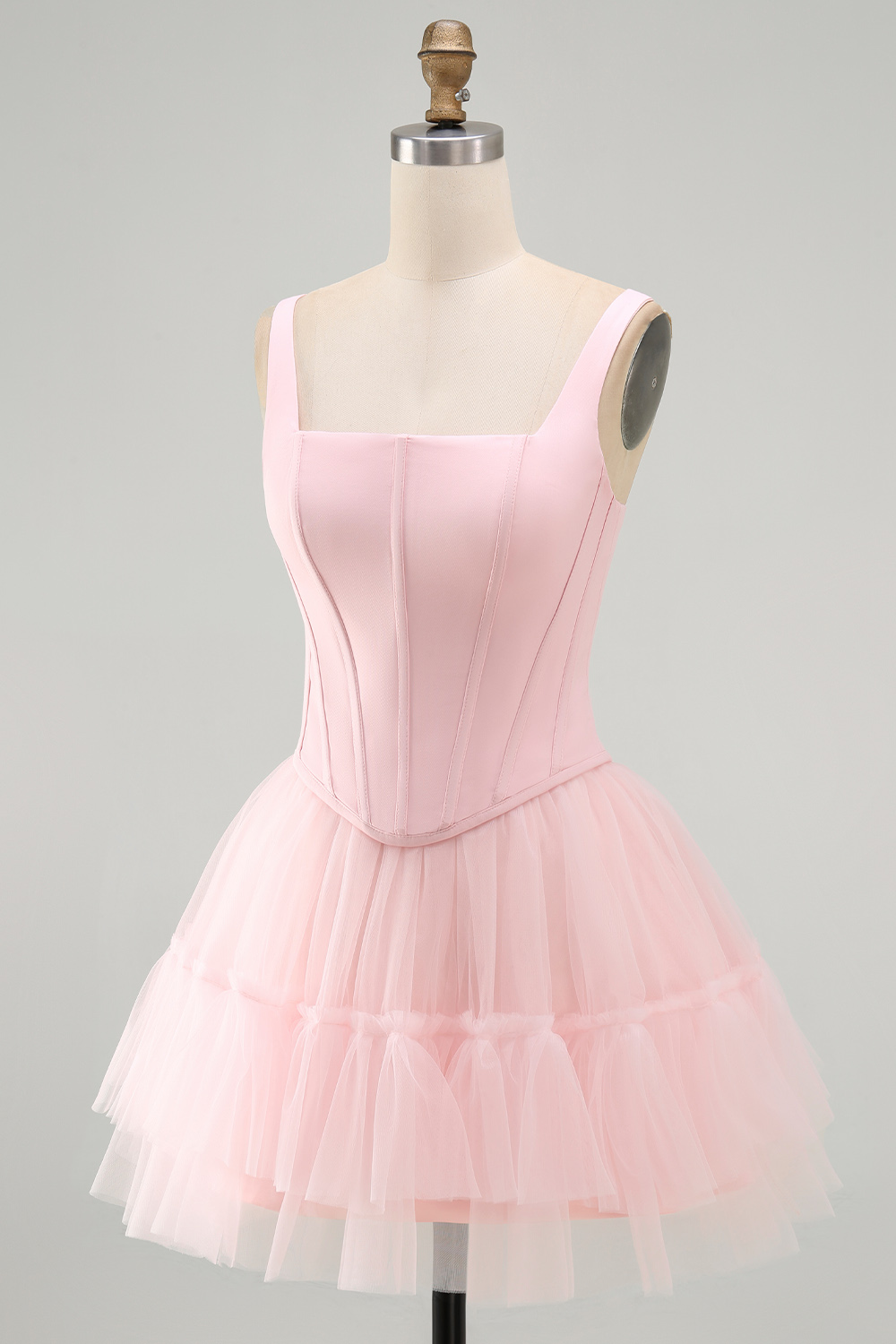 Pink A Line Thick Straps Short Corset Homecoming Dress with Ruffles