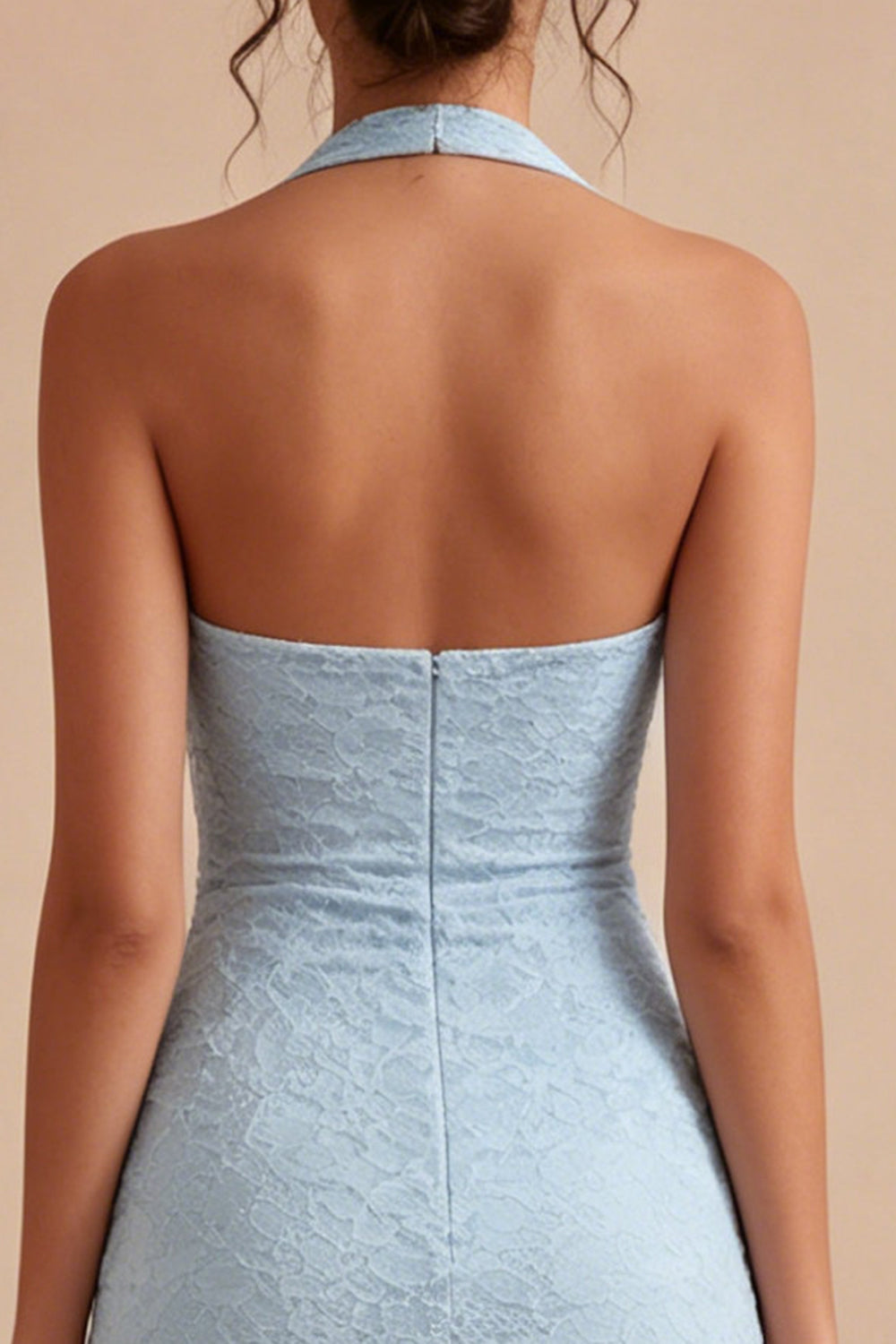 Sky Blue Tight Halter Lace Backless Ruched Short Floral Homecoming Dress