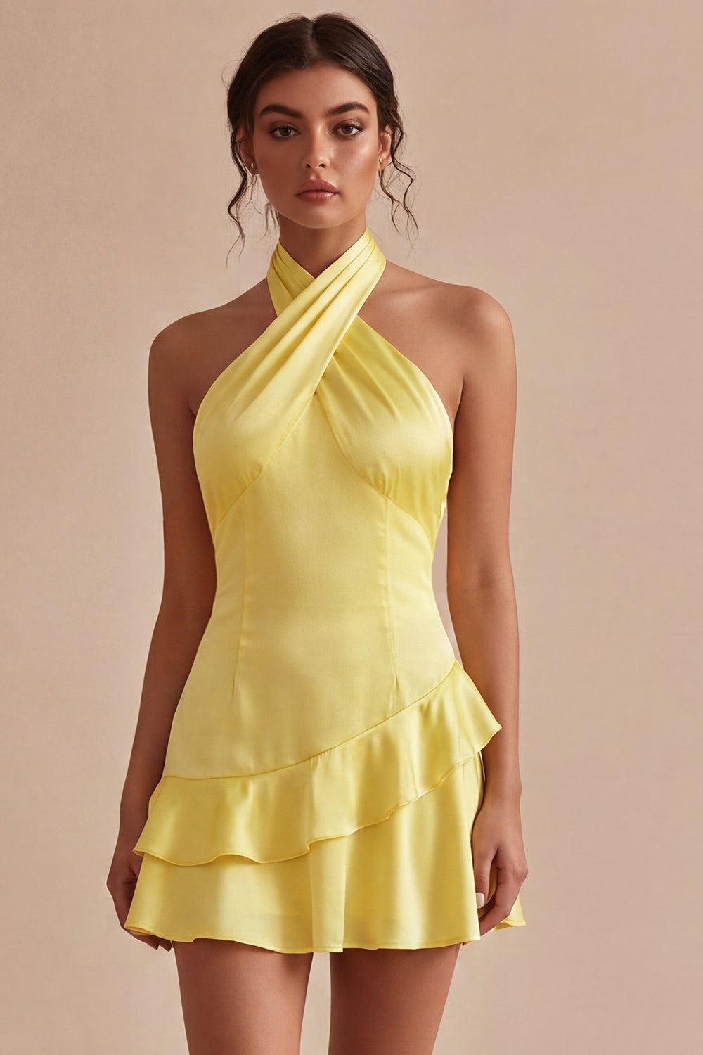 A Line Short Daffodil Backless Halter Homecoming Dress with Ruffles