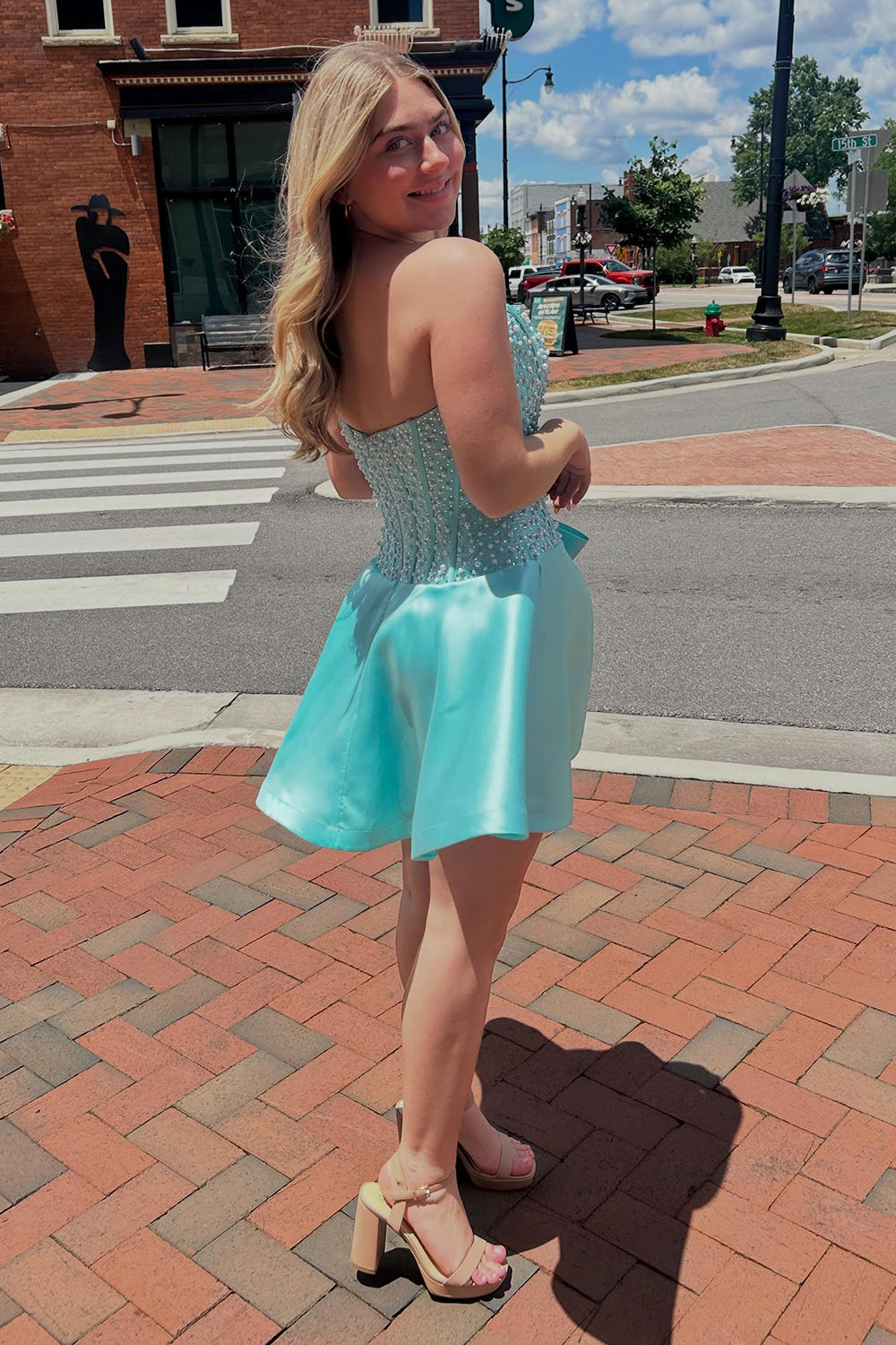 Sparkly Yellow Corset A Line Short Strapless Homecoming Dress with Pearls