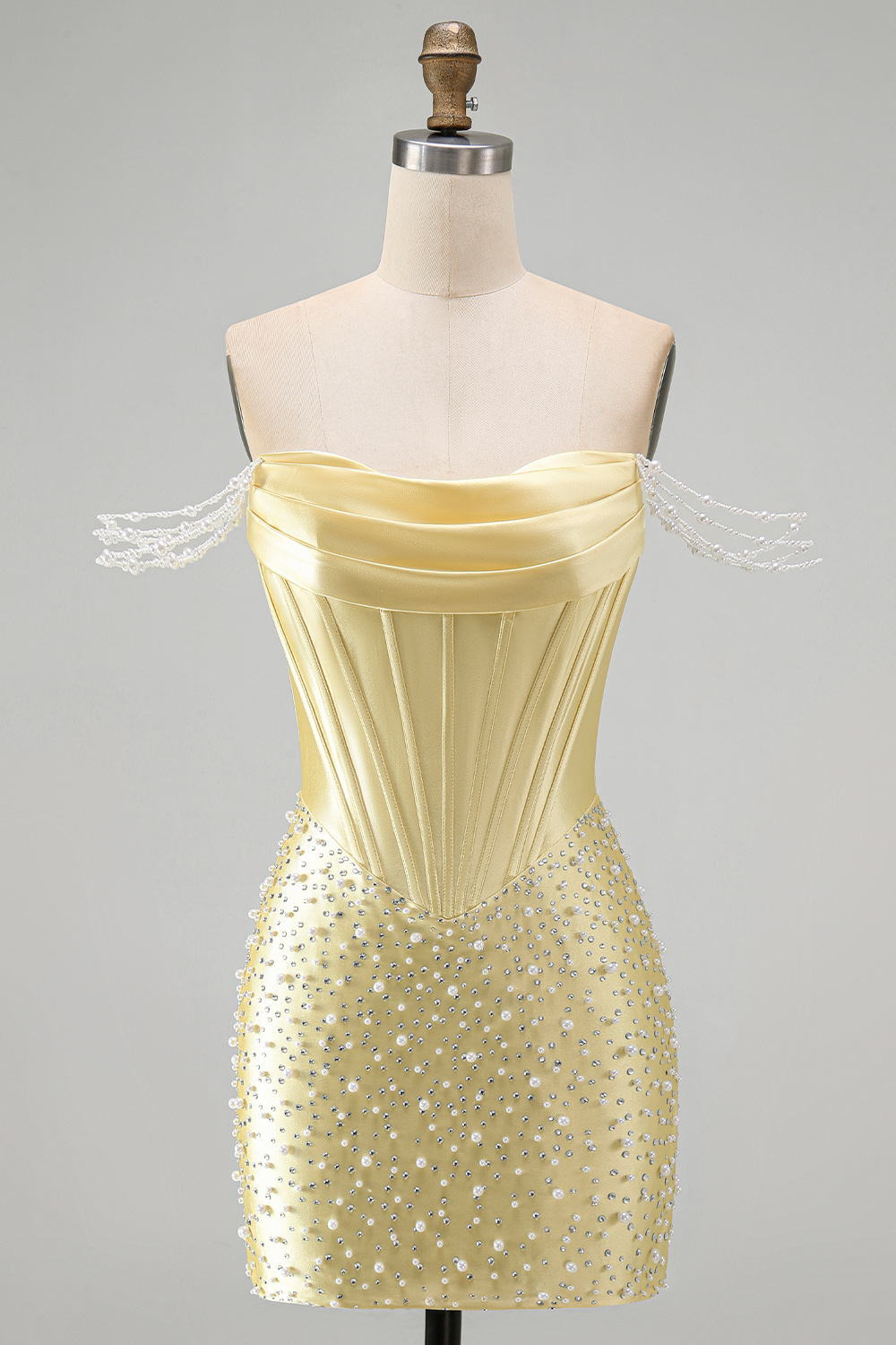 Sparkly Yellow Off the Shoulder Tight Short Corset Homecoming Dress with Pearls