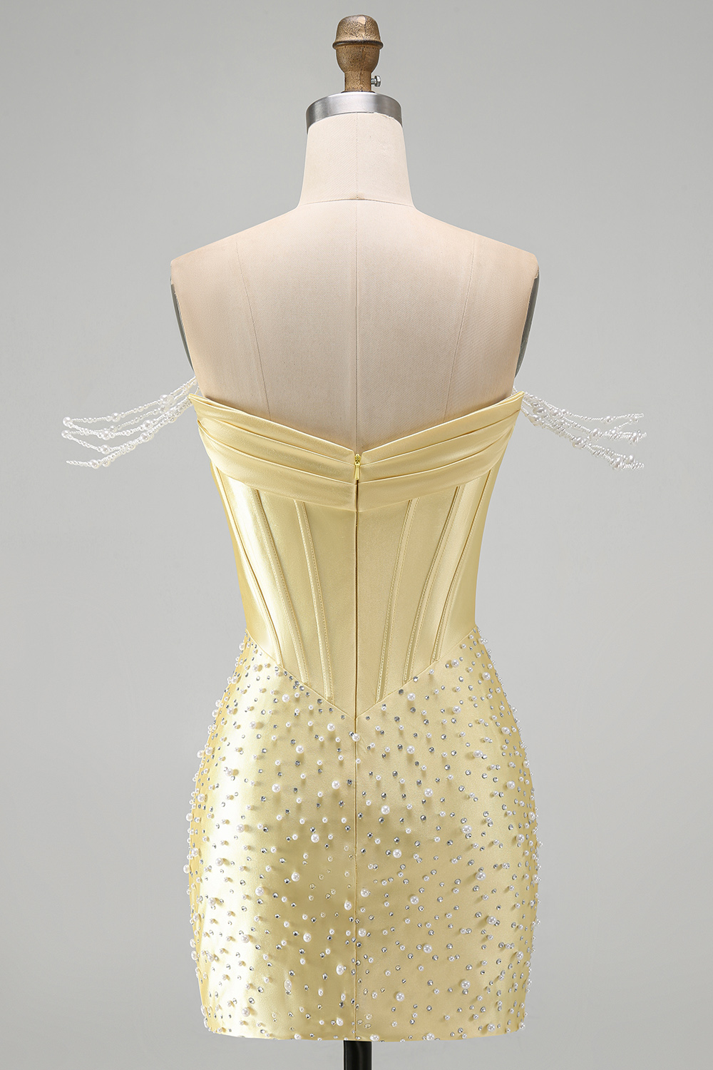 Sparkly Yellow Off the Shoulder Tight Short Corset Homecoming Dress with Pearls