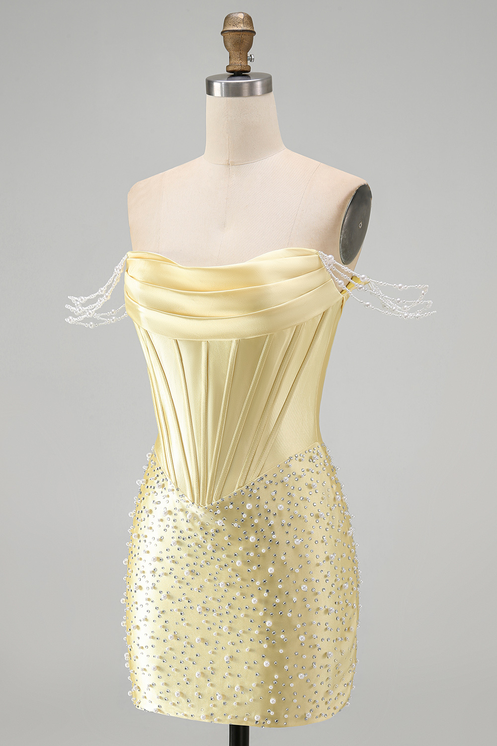 Sparkly Yellow Off the Shoulder Tight Short Corset Homecoming Dress with Pearls