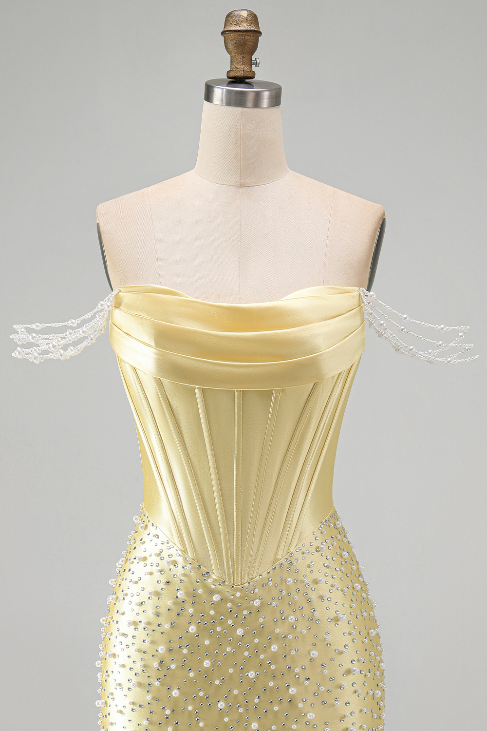Sparkly Yellow Off the Shoulder Tight Short Corset Homecoming Dress with Pearls