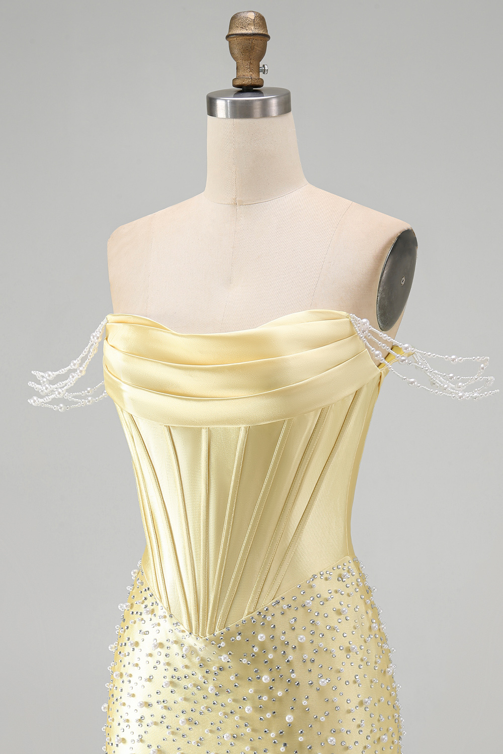 Sparkly Yellow Off the Shoulder Tight Short Corset Homecoming Dress with Pearls