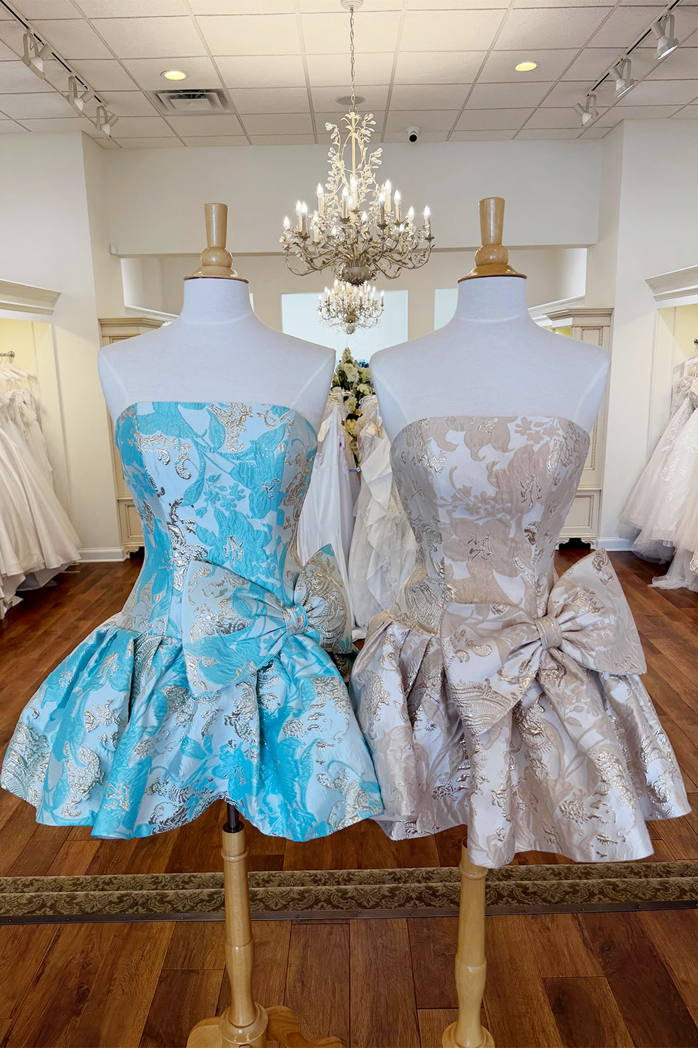 Turquoise Floral A Line Strapless Short Homecoming Dress with Bow