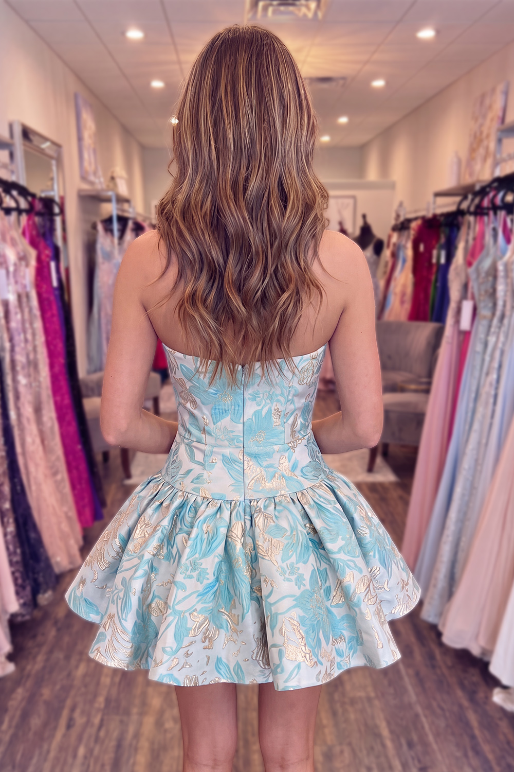 Turquoise Floral A Line Strapless Short Homecoming Dress with Bow