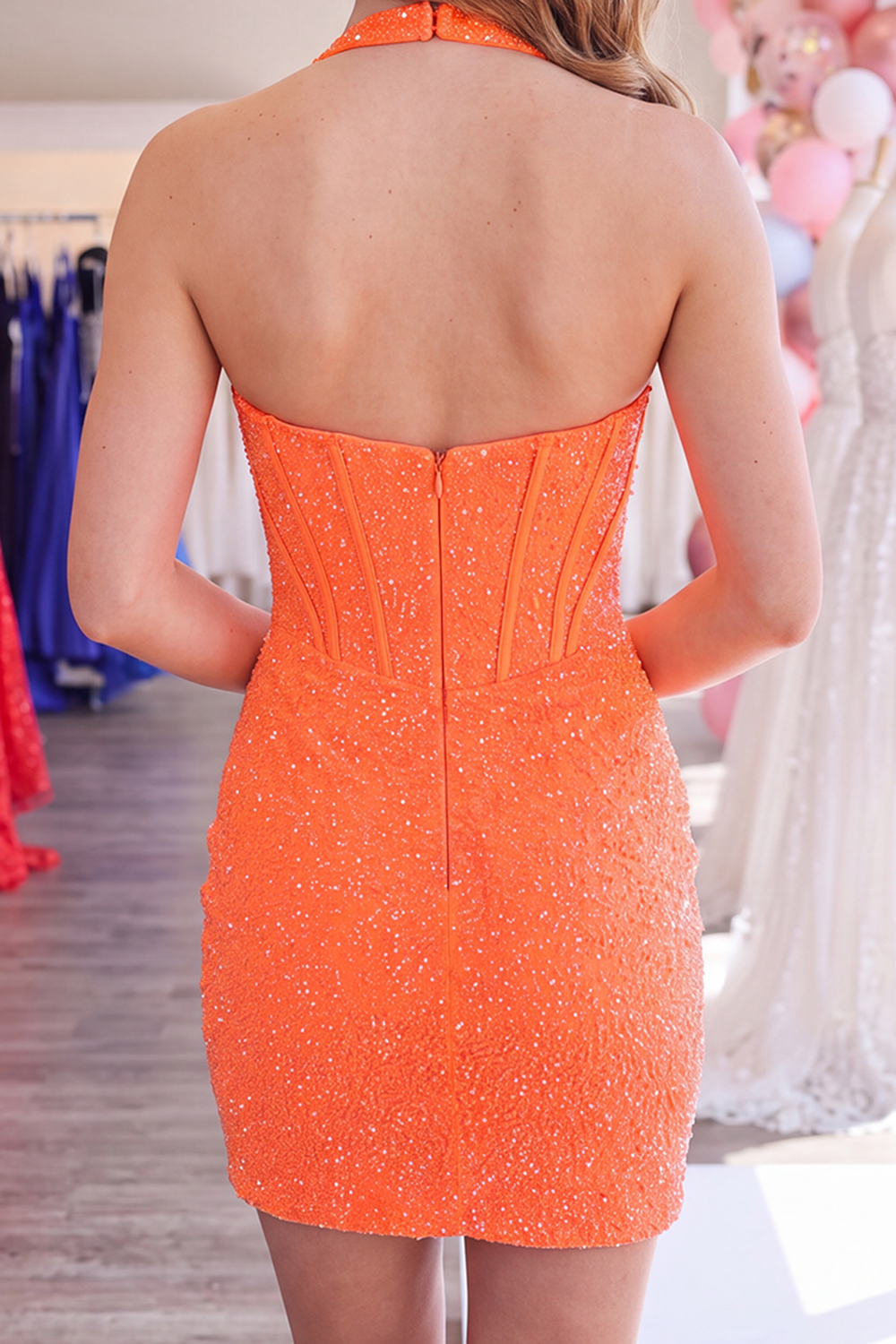 Sparkly Orange Halter Beaded Tight Short Corset Homecoming Dress
