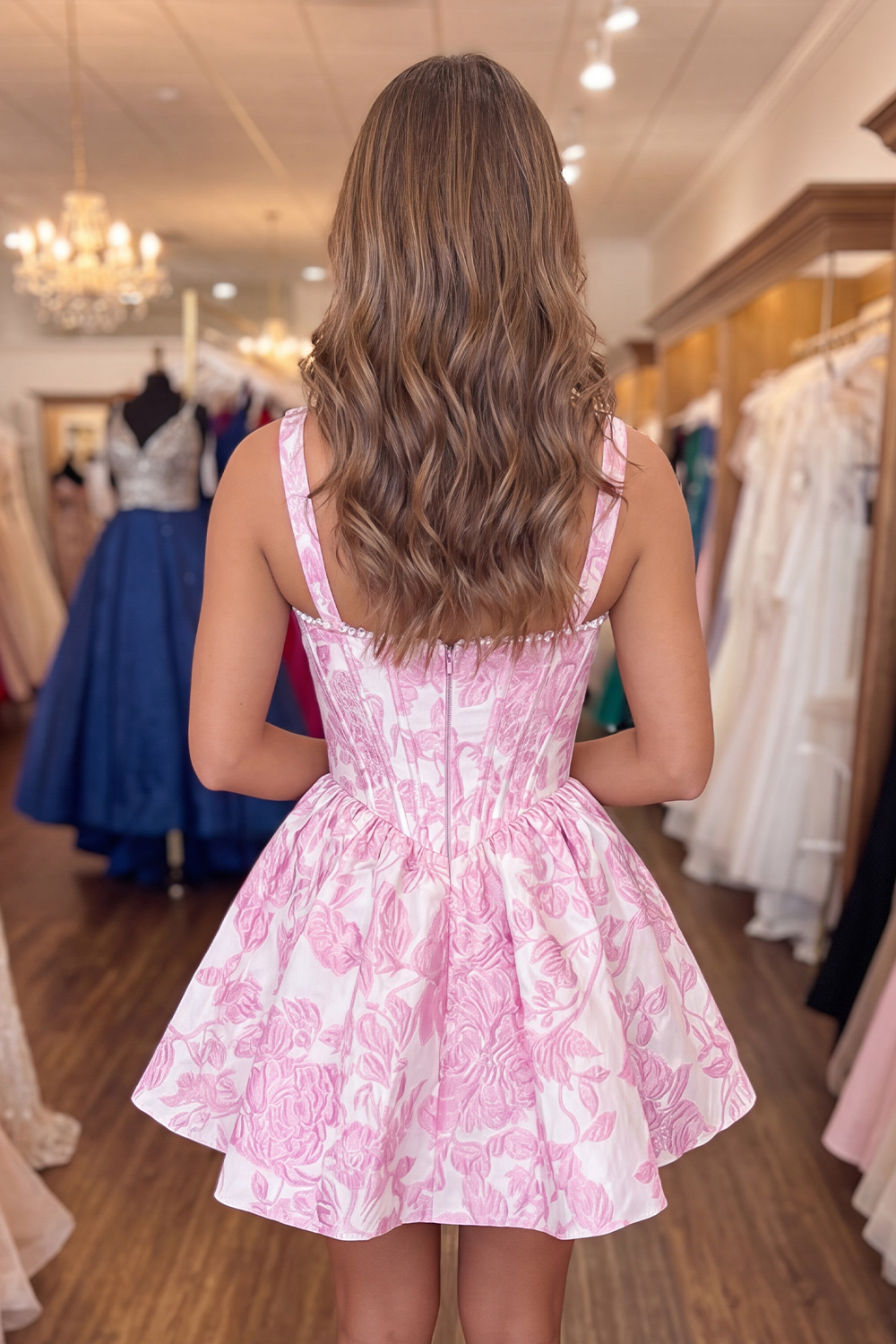 Pink Corset Floral A Line Thick Straps Short Homecoming Dress with Pearls