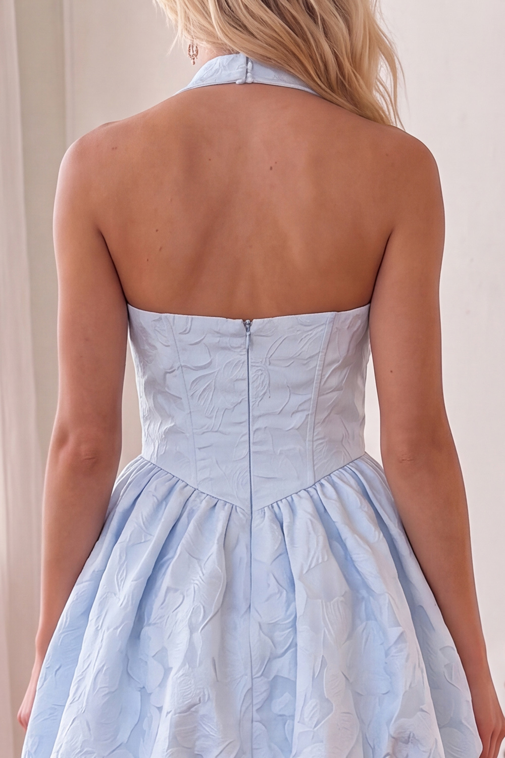 Blue Floral A Line Halter Short Homecoming Dress