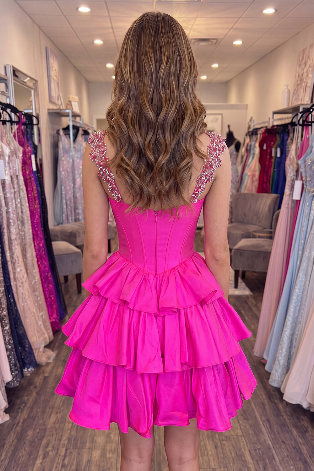 Fuchsia Corset A Line Ruffled Beaded Short Homecoming Dress
