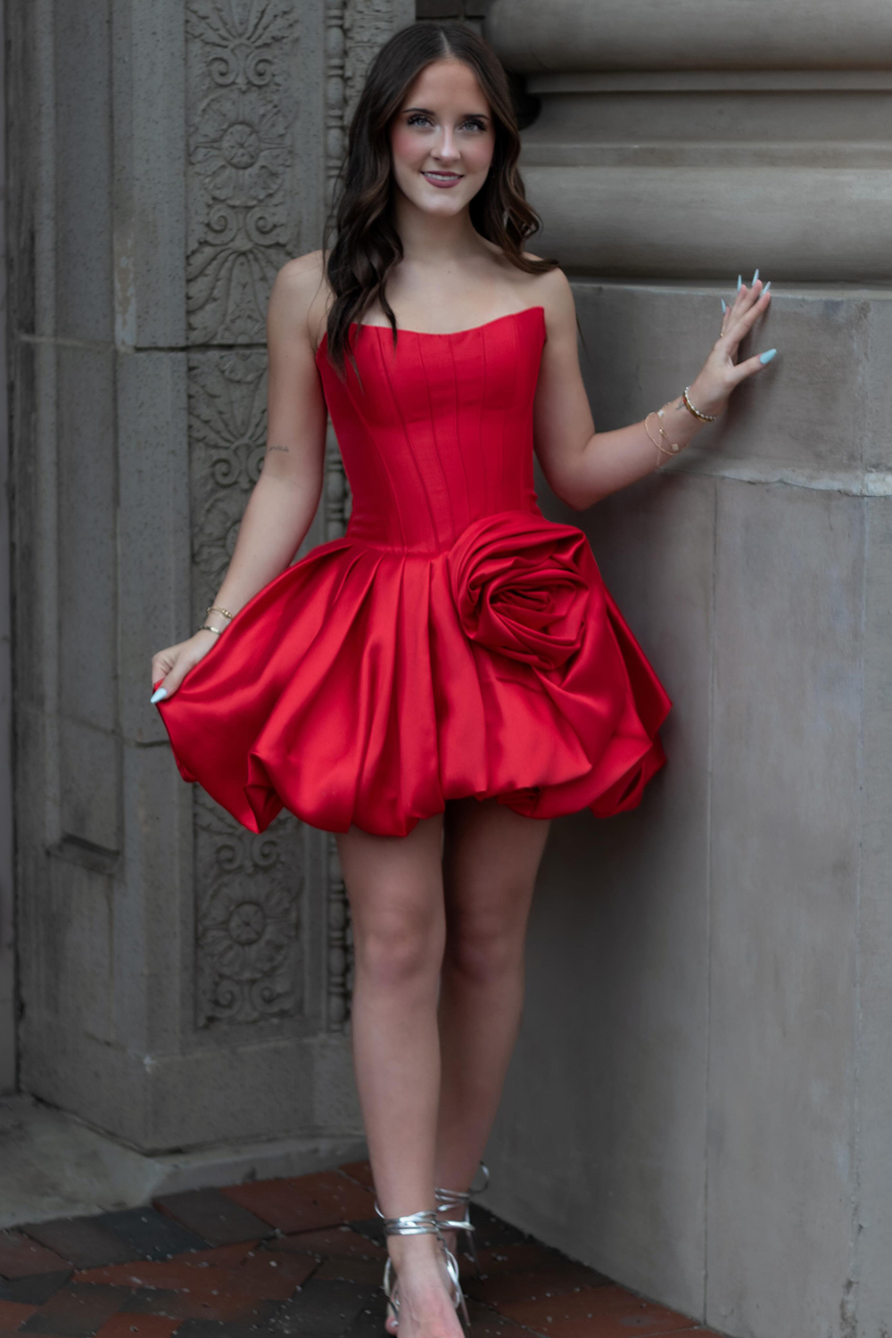 Blue Corset A Line Short Strapless Homecoming Dress with 3D Flower
