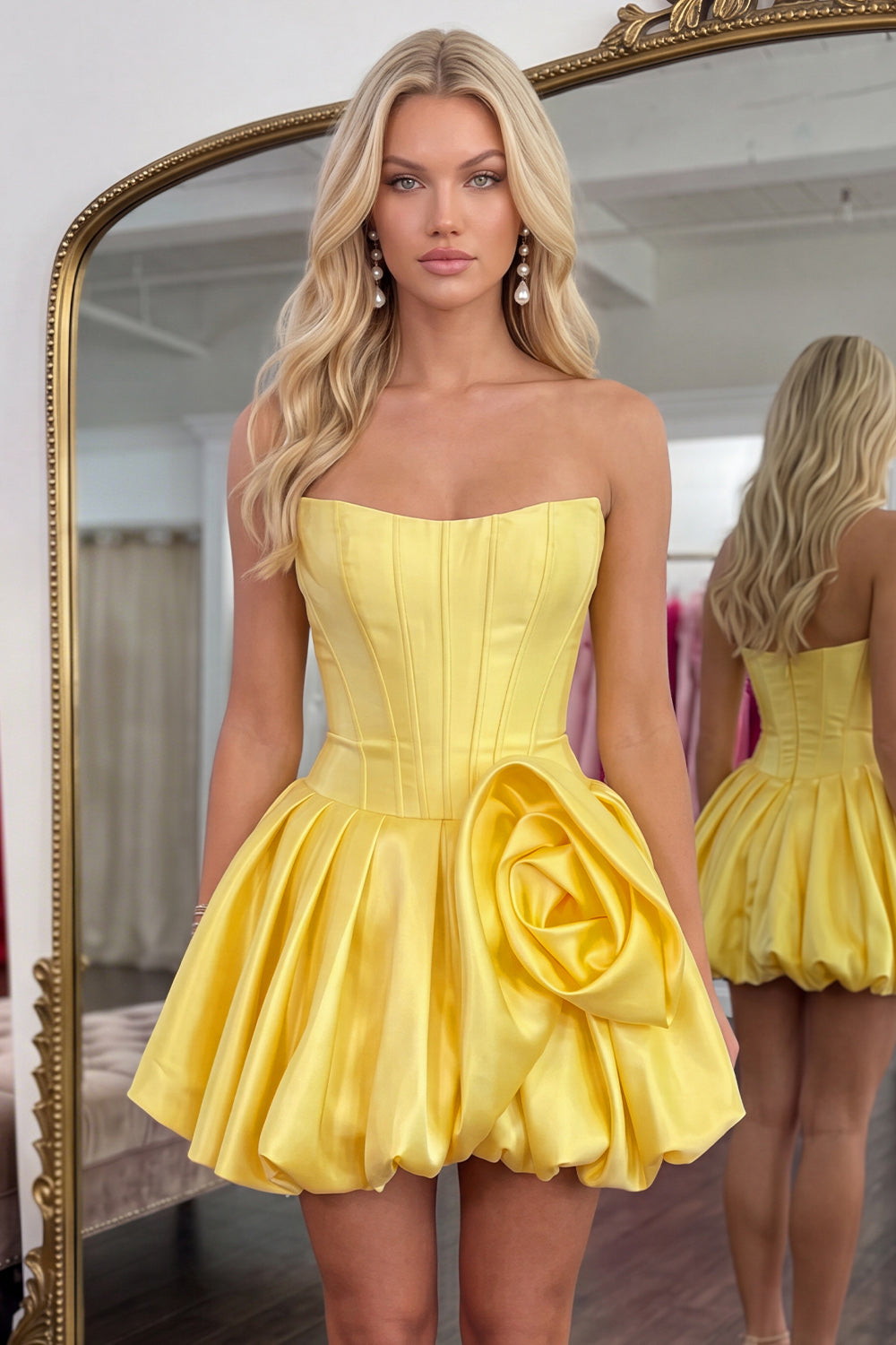 Blue Corset A Line Short Strapless Homecoming Dress with 3D Flower