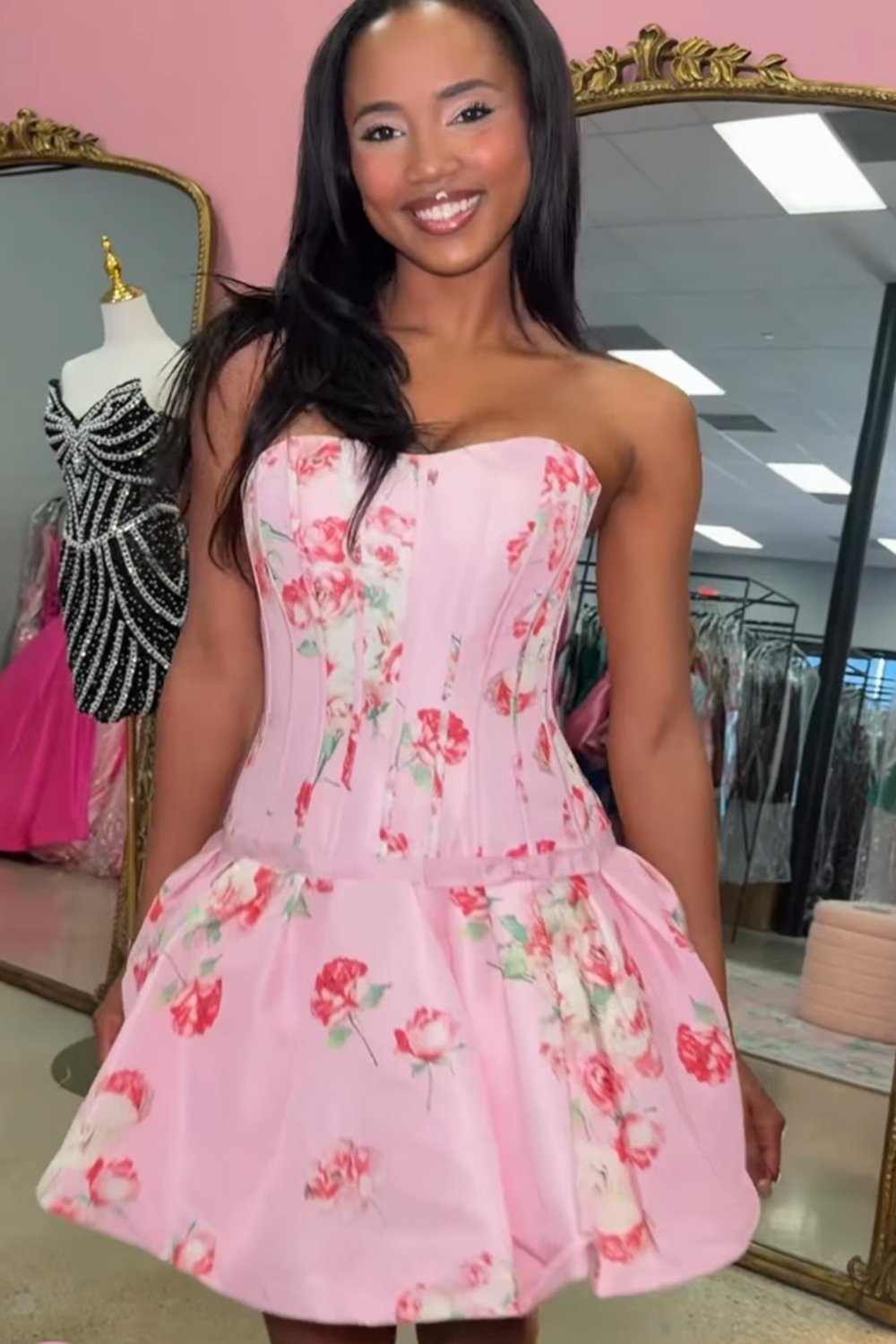 Floral Dark Purple A Line Strapless Corset Short Homecoming Dress