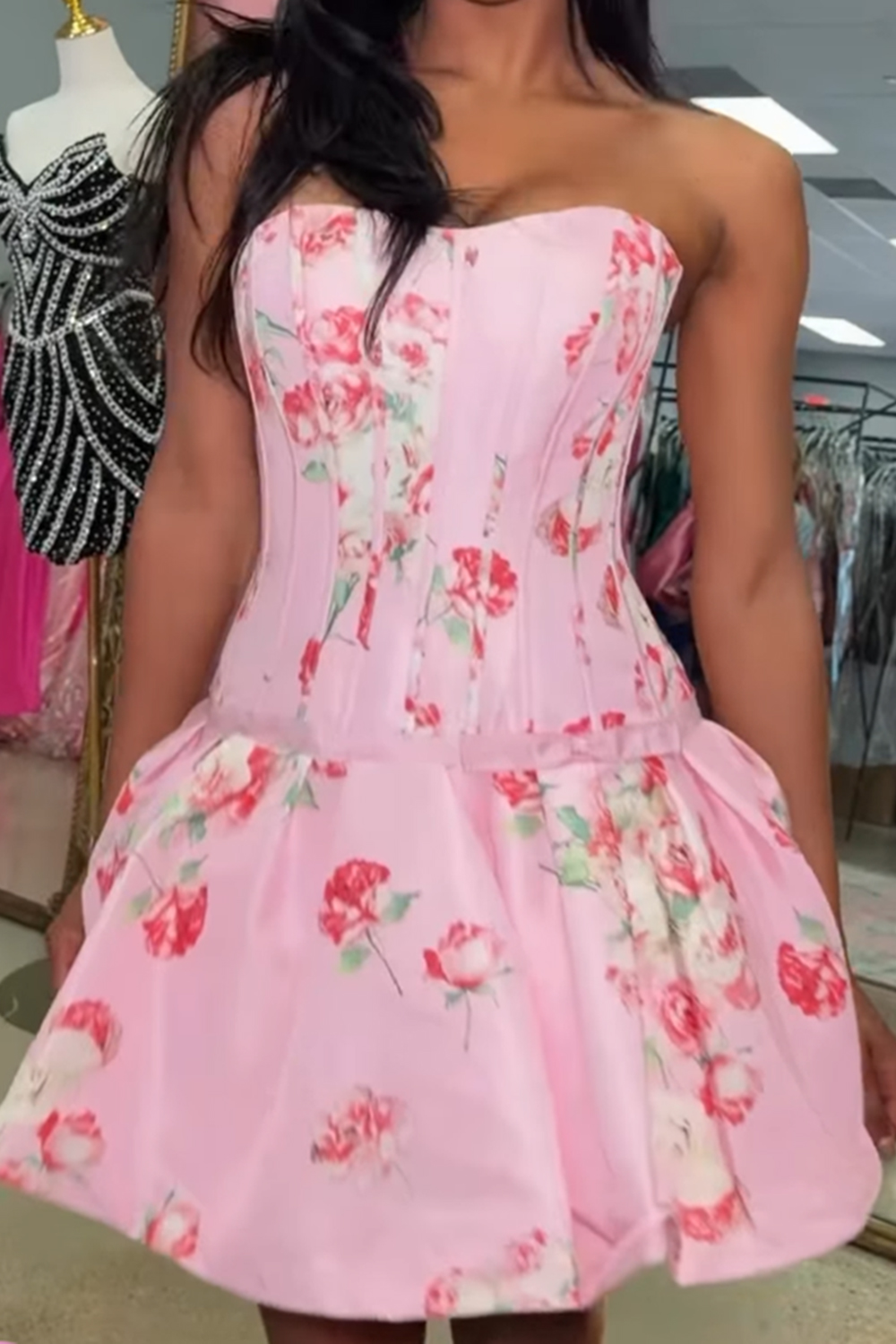 Floral Dark Purple A Line Strapless Corset Short Homecoming Dress