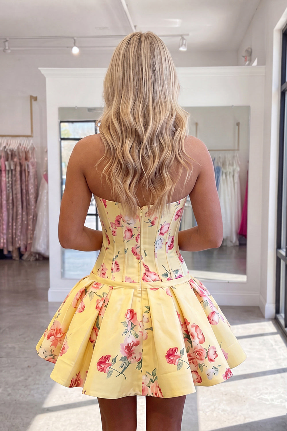 Yellow Floral A Line Strapless Corset Short Homecoming Dress