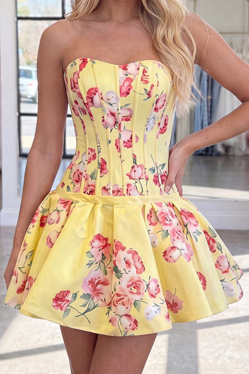 Yellow Floral A Line Strapless Corset Short Homecoming Dress