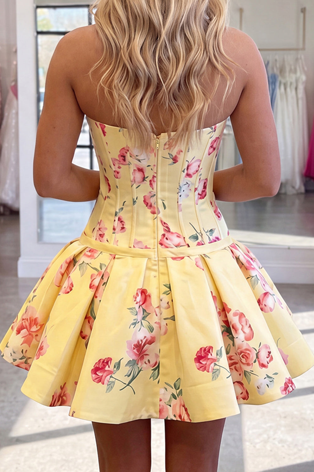 Yellow Floral A Line Strapless Corset Short Homecoming Dress