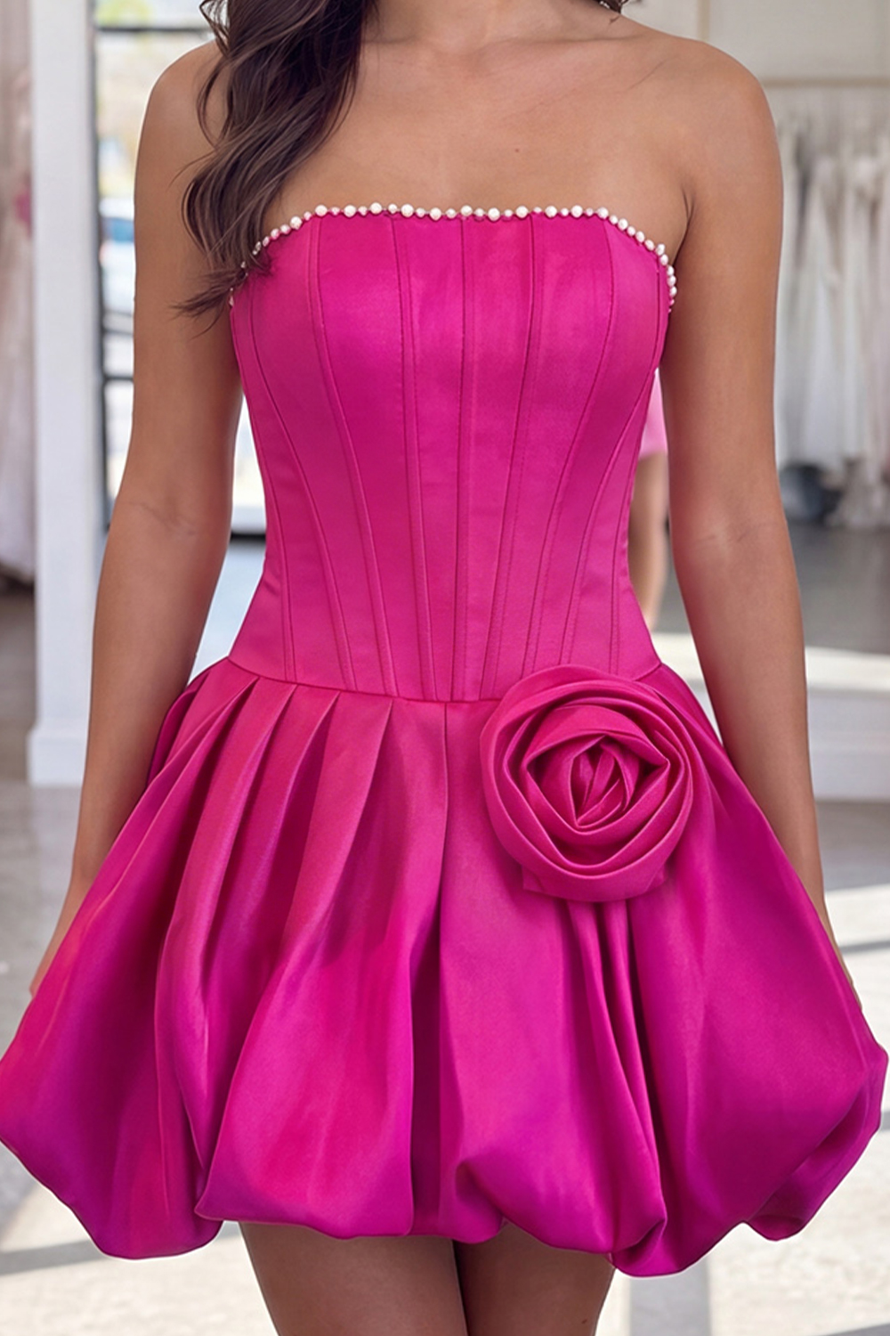 Fuchsia A Line Strapless Short Corset Homecoming Dress with Pearls