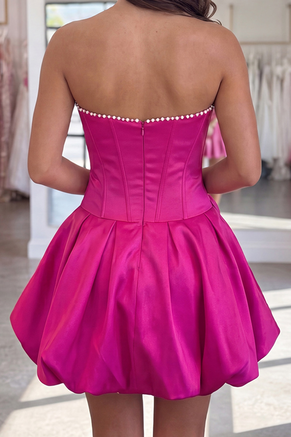 Fuchsia A Line Strapless Short Corset Homecoming Dress with Pearls